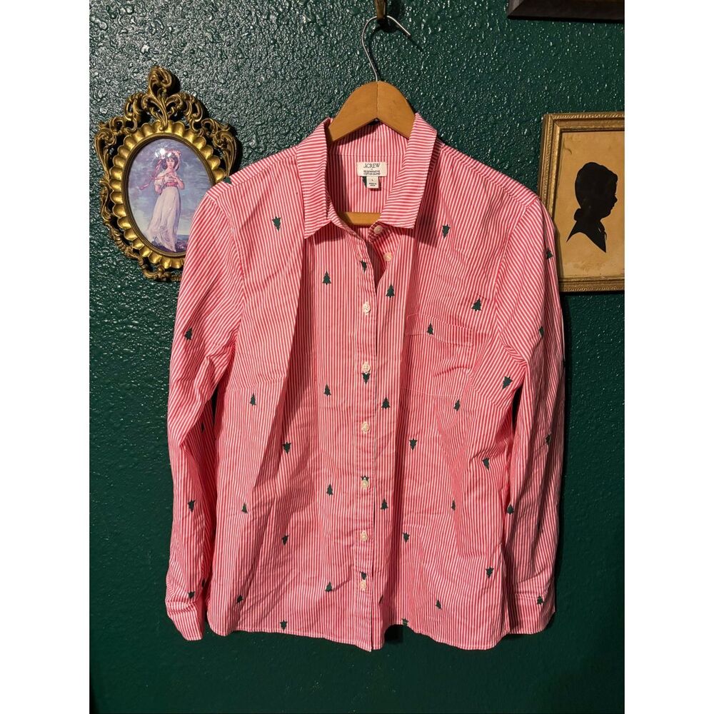 J Crew Shirt Womens Large Christmas Tree Pinstripe Long Sleeve Button Up